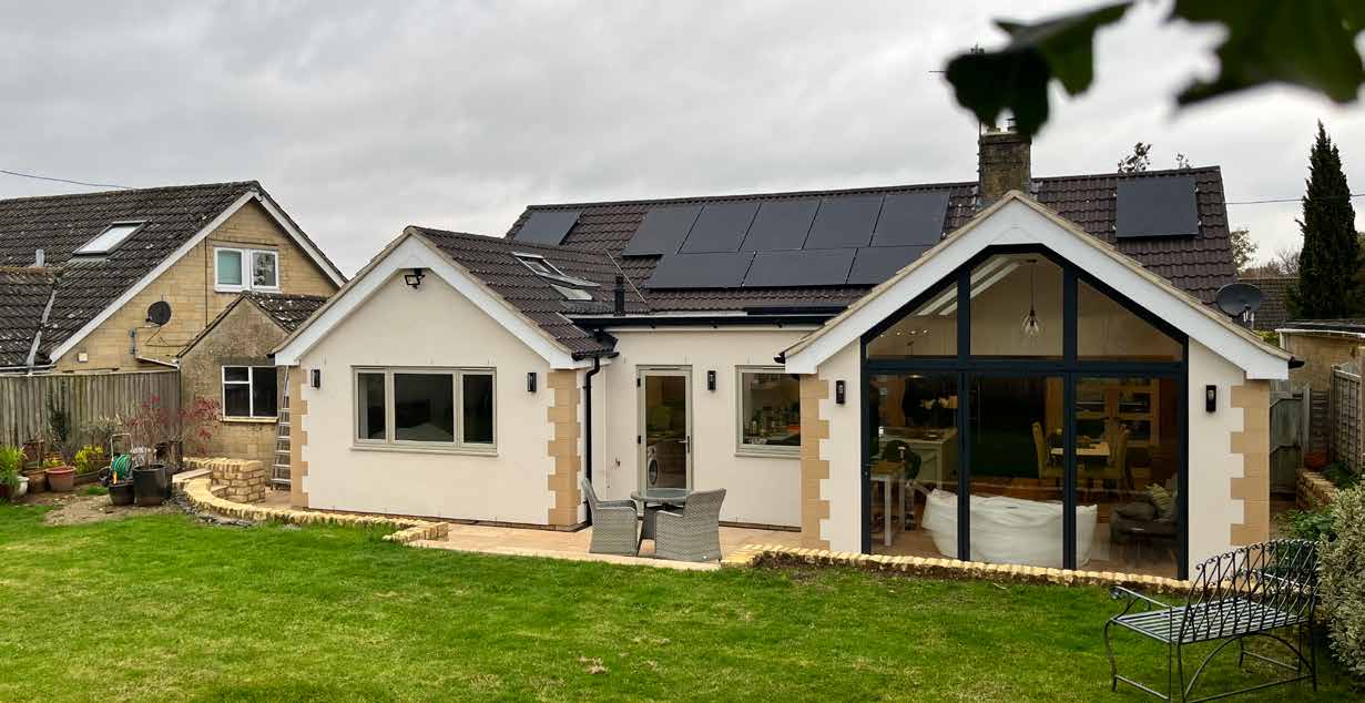 Bungalow extension with solar panels and Crittall apex glazing, Tetbury